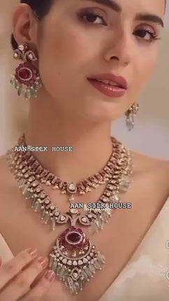 Real Royal/Diamond Kundan/ -Mint bead-Ruby/Diamond setting/ Necklace Set | Made with High-quality Designer set / Bridal Collection
