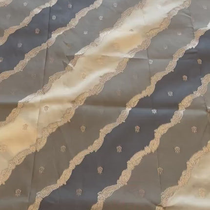 Banarasi Rangkat Silk Saree |Stripes/ small motif weaving all over the saree | Grey/ Beige /with  light golden intricate border