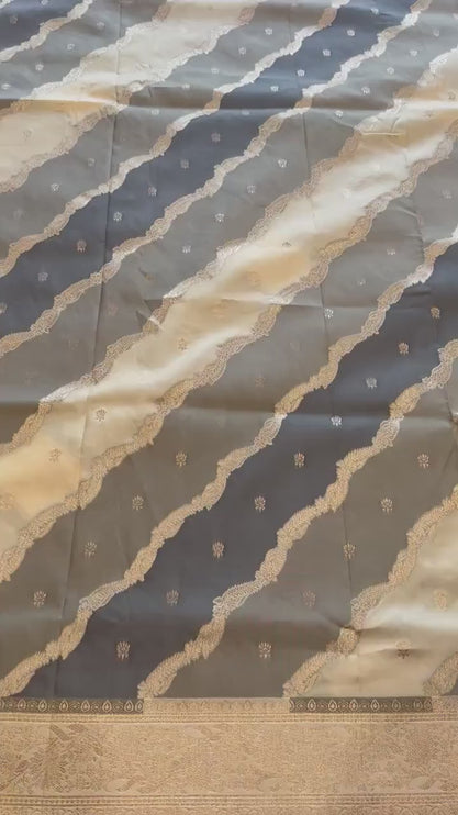 Banarasi Rangkat Silk Saree |Stripes/ small motif weaving all over the saree | Grey/ Beige /with  light golden intricate border