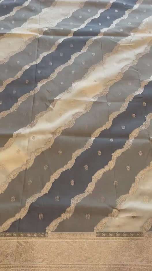 Banarasi Rangkat Silk Saree |Stripes/ small motif weaving all over the saree | Grey/ Beige /with  light golden intricate border