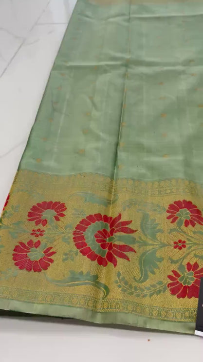 Handloom Gadwal Silk Saree | Cardamom/Light Mint  with Meenakari work Border, Silk Mark Certified