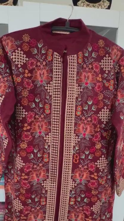 Aan Silk House Original winter collection | 3 pcs Kashmiri woolen set| Datk Maroon with all over hand sozni | size 40