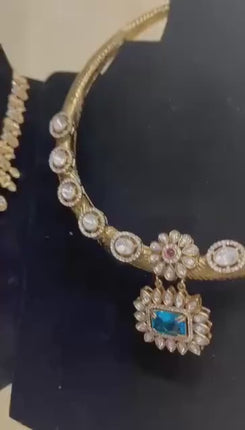 Real Royal Pachi Kundan /Teal blue-stones/ Kundan setting/ Hasali Set | Made with High-quality Designer set / Bridal Collection