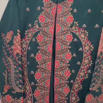 Aan Silk House Original winter collection | 3 pcs Kashmiri woolen set| Bottle Green with all over hand sozni | size 40