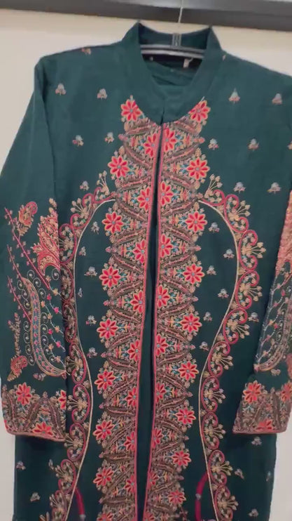 Aan Silk House Original winter collection | 3 pcs Kashmiri woolen set| Bottle Green with all over hand sozni | size 40