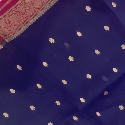 Navy blue/Red border,Pallu  Banarasi Kora Organza Silk Saree With Motifs Pattern | SILK MARK CERTIFIED