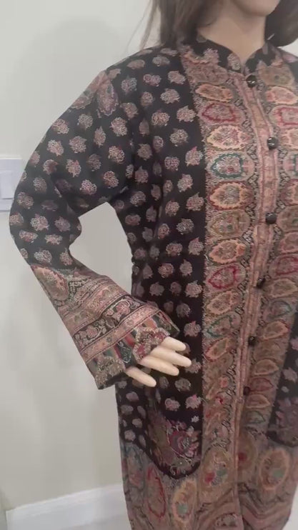 Luxury Kani/Jamawar  Woolen Jacket with Jari | woven Kashmir Artwear | Statement fashion wear | Kashmir Winter Dresses|knee length| size 45