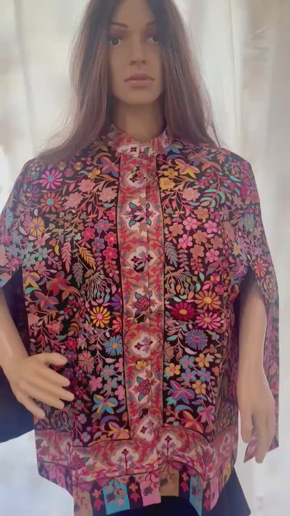 All weather aan silk house  EMBROIDERED KALAMKARI CAPE | black  base color | hand made floral embroidered all over| silk blend | size 46
