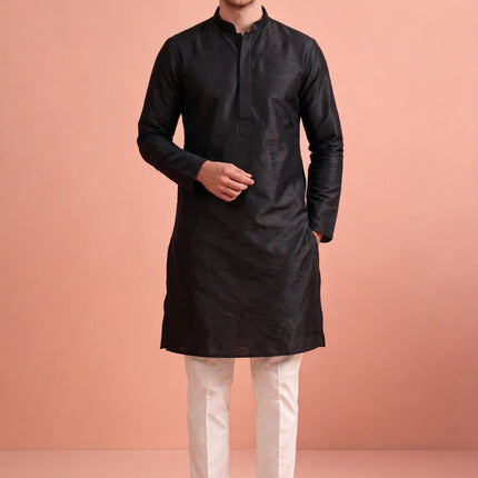 Men's Kurta - Black Plain - Tussar Silk - Size 40