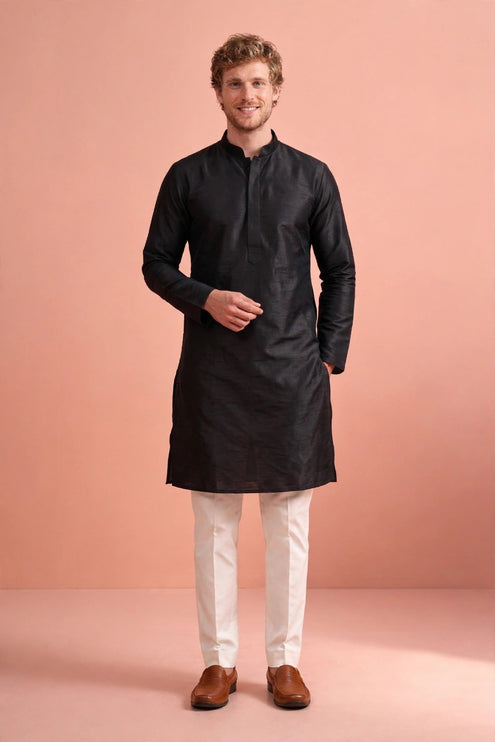 Men's Kurta - Black Plain - Tussar Silk - Size 40