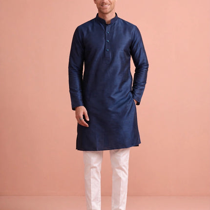 Men's Kurta - Navy Blue Plain - Tussar Silk - Size 38