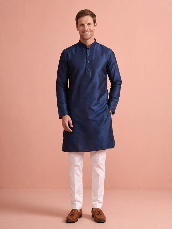 Men's Kurta - Navy Blue Plain - Tussar Silk - Size 38