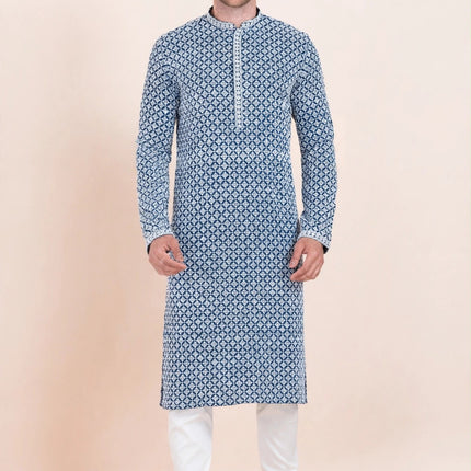 Men's Kurta - Blue and White Geometric Pattern - Size 40