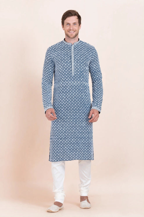 Men's Kurta - Blue and White Geometric Pattern - Size 40