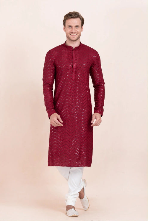 Men's Kurta - Maroon with Sequin Chevron Work - Size 44