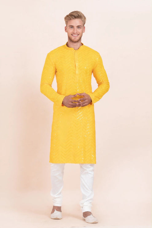 Men's Kurta - Yellow with Sequin Chevron Work - Size 42