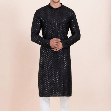 Men's Kurta - Black with Sequin Chevron Work - Size 44