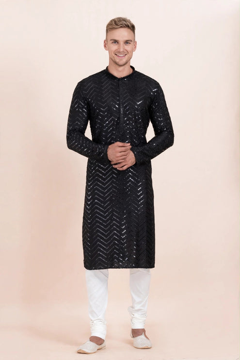 Men's Kurta - Black with Sequin Chevron Work - Size 44