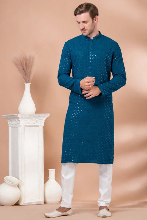 Men's Kurta - Teal with Sequin Work - Size 46
