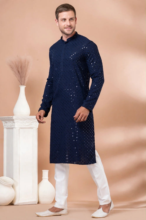 Men's Kurta - Navy Blue with Sequin Work - Size 42