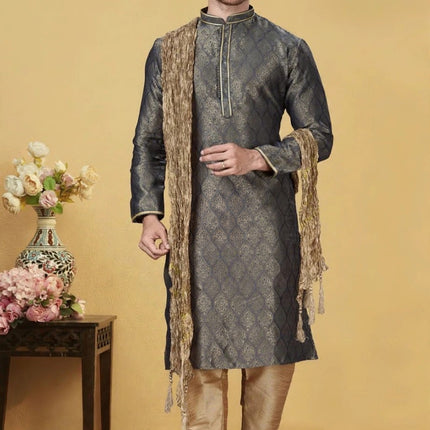 Men's Kurta Set with Dupatta - Grey and Gold Jacquard - Size 44