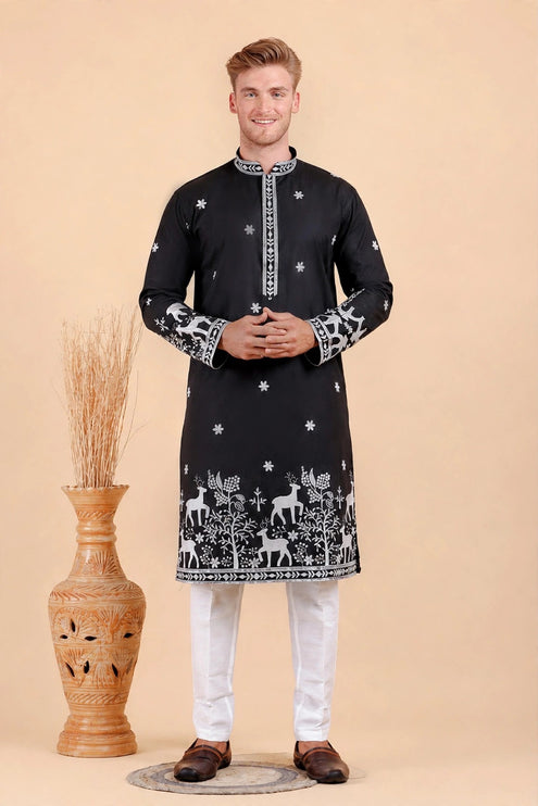 Men's Kurta - Black with White Deer Embroidery - Size 42