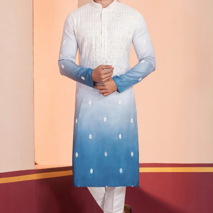 Men's Kurta - Ombre White and Blue with White Embroidery - Indian Festive & Wedding Wear - Size 42