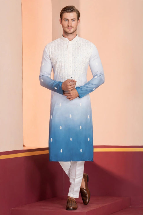 Men's Kurta - Ombre White and Blue with White Embroidery - Indian Festive & Wedding Wear - Size 42