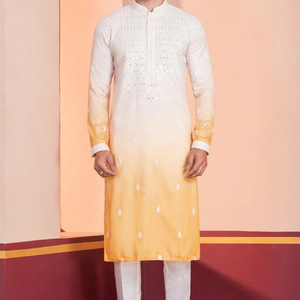 Men's Kurta - Ombre White and Yellow with White Embroidery - Indian Festive & Wedding Wear - Size 44