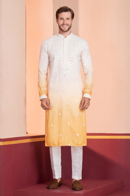 Men's Kurta - Ombre White and Yellow with White Embroidery - Indian Festive & Wedding Wear - Size 44
