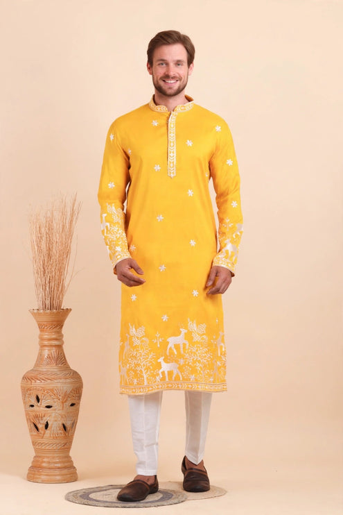 Men's Kurta - Yellow with White Deer Embroidery - Indian Festive & Wedding Wear - Size 40