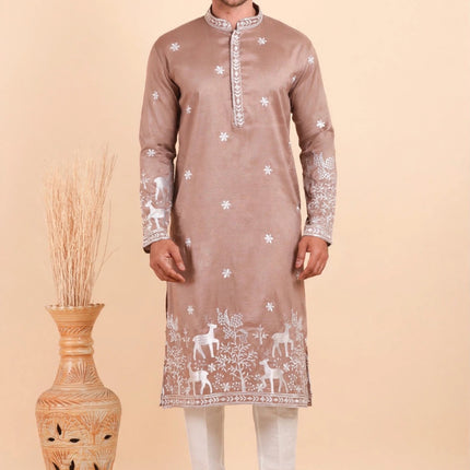 Men's Kurta - Taupe with White Deer Embroidery - Indian Festive & Wedding Wear - Size 42