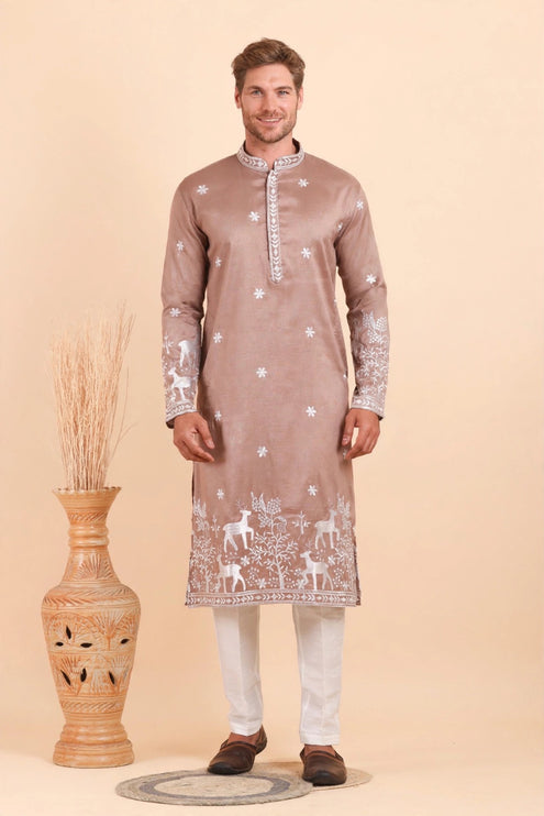 Men's Kurta - Taupe with White Deer Embroidery - Indian Festive & Wedding Wear - Size 42