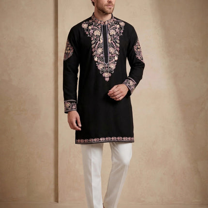 Men's Kurta - Black with Pink and Gold Floral Embroidery - Indian Festive & Wedding Wear - Size 40