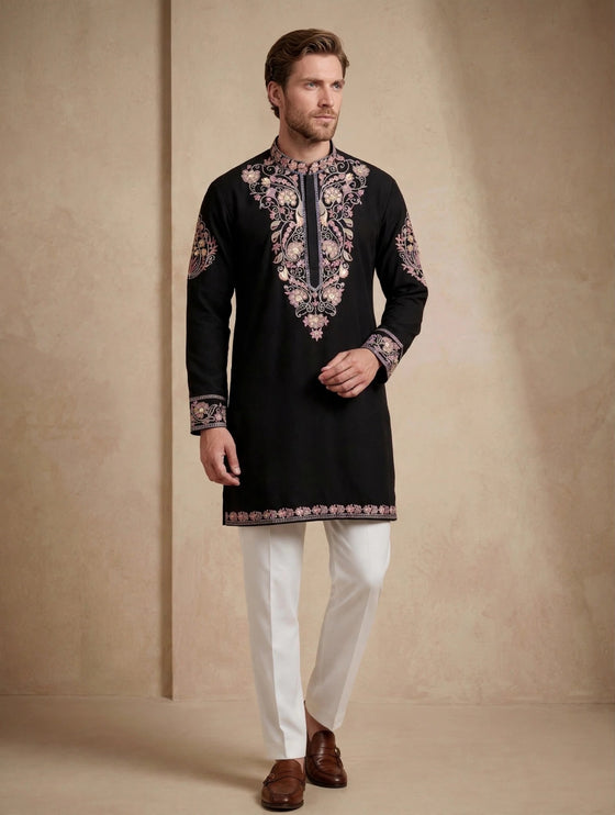 Men's Kurta - Black with Pink and Gold Floral Embroidery - Indian Festive & Wedding Wear - Size 40
