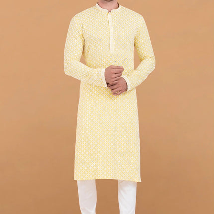 Men's Kurta - Lemon Yellow Geometric Pattern - Dual Shade - Indian Festive & Wedding Wear - Size 42