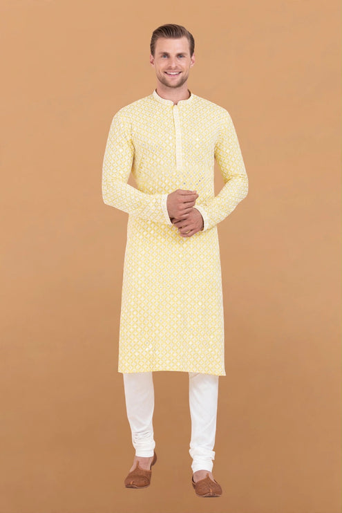 Men's Kurta - Lemon Yellow Geometric Pattern - Dual Shade - Indian Festive & Wedding Wear - Size 42