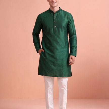 Men's Kurta - Green Plain - Tussar Silk - Indian Festive & Wedding Wear - Size 42