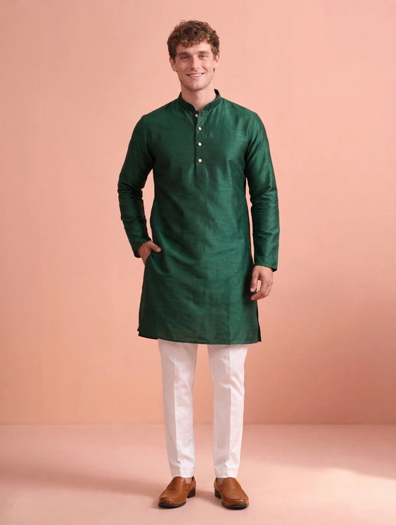 Men's Kurta - Green Plain - Tussar Silk - Indian Festive & Wedding Wear - Size 42