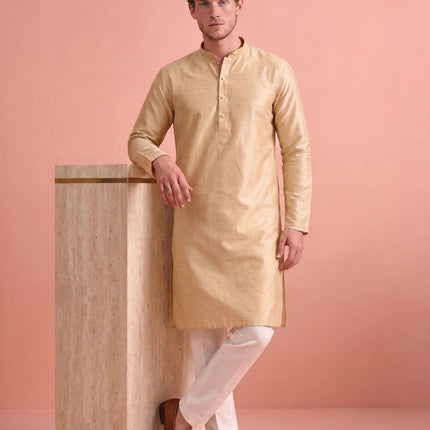 Men's Kurta - Beige Plain - Tussar Silk - Indian Festive & Wedding Wear - Size 44
