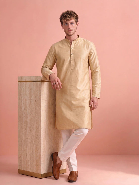 Men's Kurta - Beige Plain - Tussar Silk - Indian Festive & Wedding Wear - Size 44