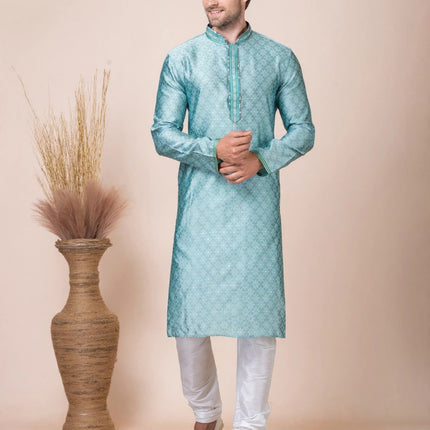 Men's Kurta - Sea Green Jacquard Pattern - Dual Shade - Indian Festive & Wedding Wear - Size 46