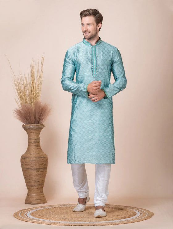 Men's Kurta - Sea Green Jacquard Pattern - Dual Shade - Indian Festive & Wedding Wear - Size 46