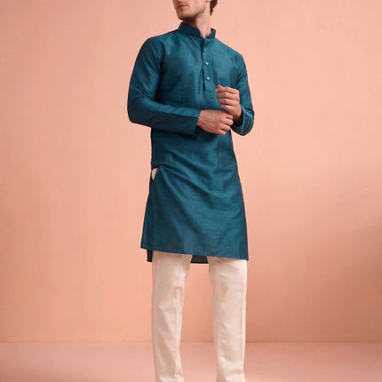Men's Kurta - Teal Plain - Tussar Silk - Indian Festive & Wedding Wear - Size 42