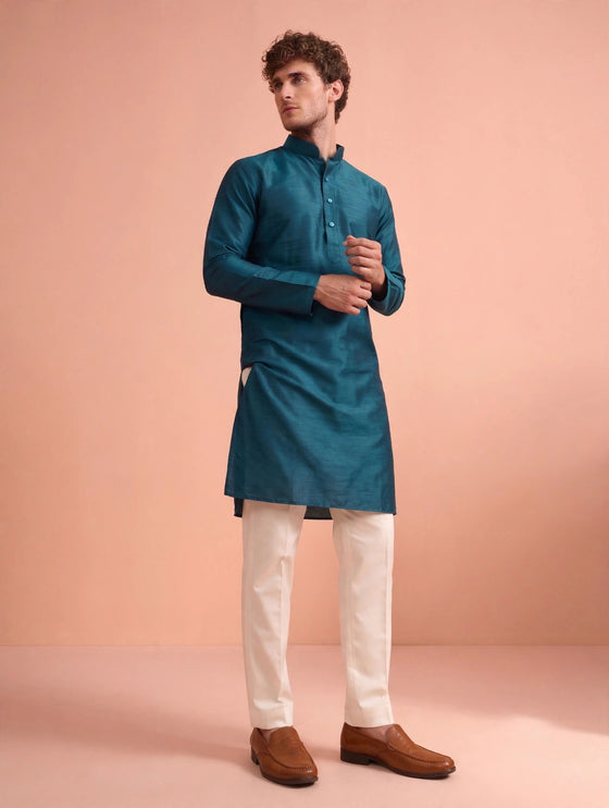 Men's Kurta - Teal Plain - Tussar Silk - Indian Festive & Wedding Wear - Size 42