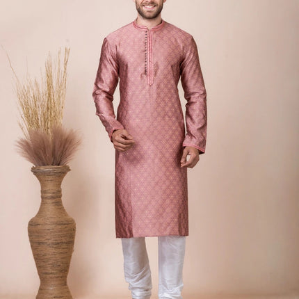 Men's Kurta - Dusty Pink Jacquard Pattern with Gold Motifs - Indian Festive & Wedding Wear - Size 40