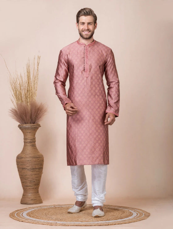 Men's Kurta - Dusty Pink Jacquard Pattern with Gold Motifs - Indian Festive & Wedding Wear - Size 40