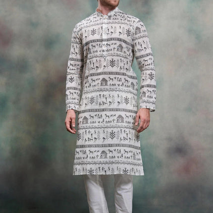 Men's Kurta - Off White with Black Warli Tribal Print - Indian Festive & Wedding Wear - Size 38