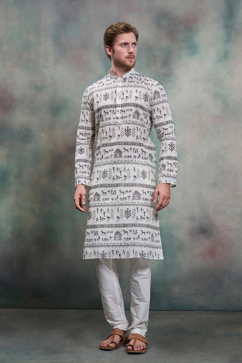 Men's Kurta - Off White with Black Warli Tribal Print - Indian Festive & Wedding Wear - Size 38