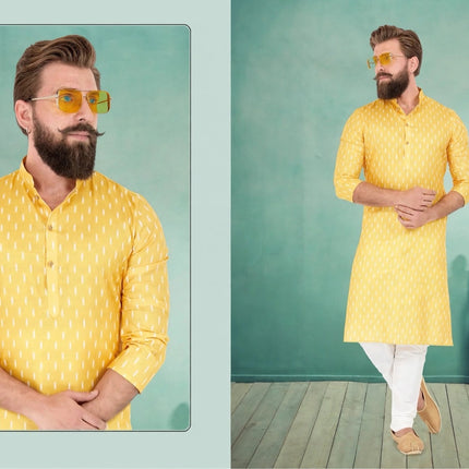 Men's Kurta - Yellow Ikat Pattern - Dual Shade - Indian Festive & Wedding Wear - Size 42